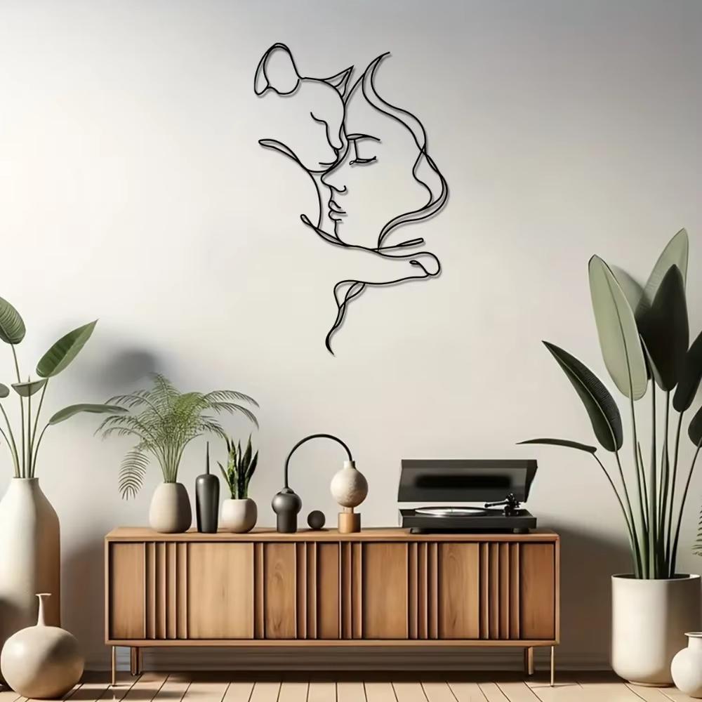 Sleek Black Cat & Woman Metal Art: Minimalist Design for Chic Spaces.Black Cat and Woman for Modern Décor Lovers.