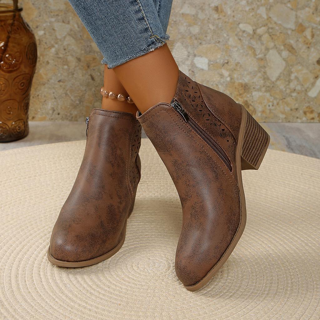 Women's Vintage Slip-On Chunky Low Block Heel Ankle Boots - Almond Toe Round-toe Winter Boots with PVC Upper & Lining, Beige/Caramel Brown/ Blue/Dark