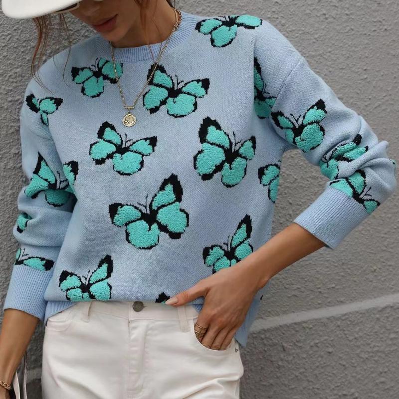 IHUASU Winter Printed Butterfly O-Neck Women's Loose Plus Size Knitwear Pullover Sweater