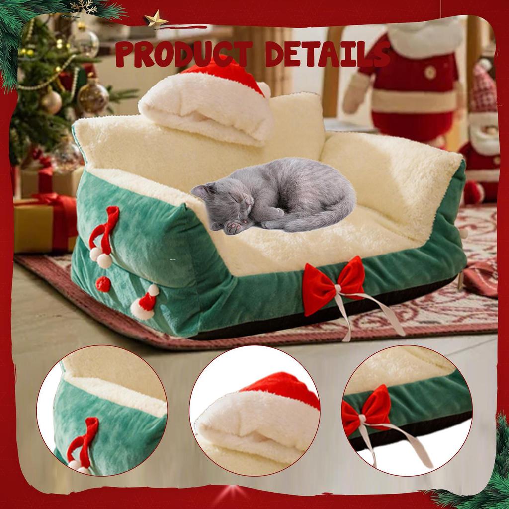 Cat Bed Sofa Pet Couch As Cute Furniture with Christmas Hat And Bows, Scratch-resistant