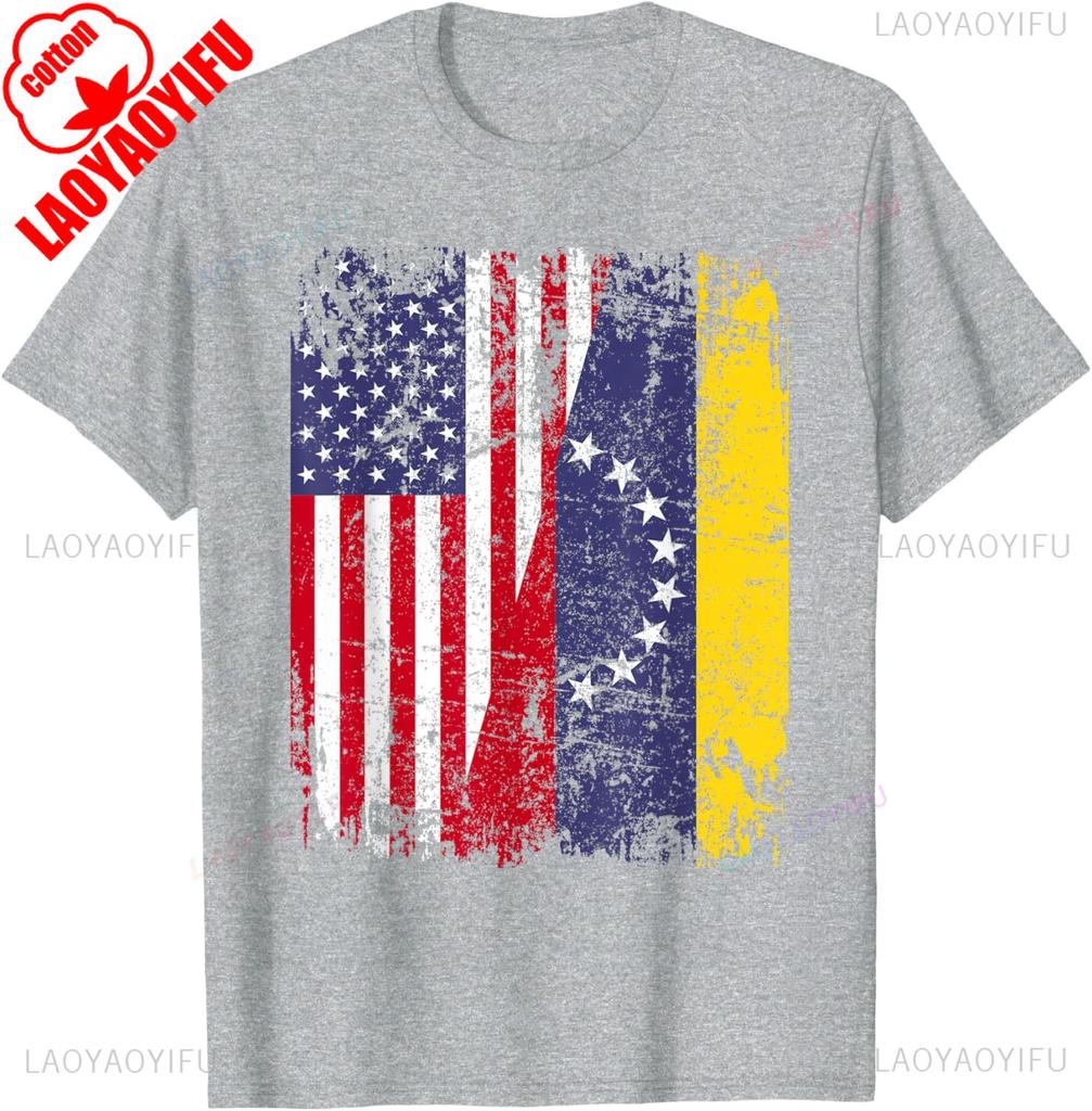 Venezuelan Roots Half American Flag Cotton TShirt Summer Casual Patriotic Gift Lightweight Breathable Trendy for Unisex WOMEN
