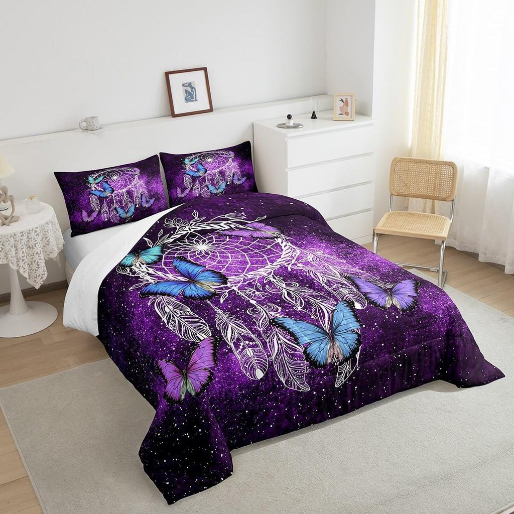 Butterfly Dream Catcher Comforter Set for Kids Teens Girls, Mandala Feather Bedding Down Comforter Twin Size, Bohemian Duvet Insert, Galaxy