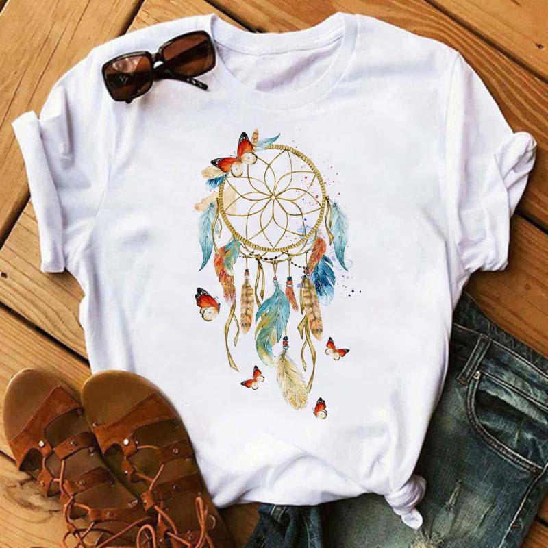 Fashion Feather Dreamcatcher T Shirt Women Harajuku Graphic Tees Shirt Femme Dream Catcher Women's T-shirt Clothes Tops
