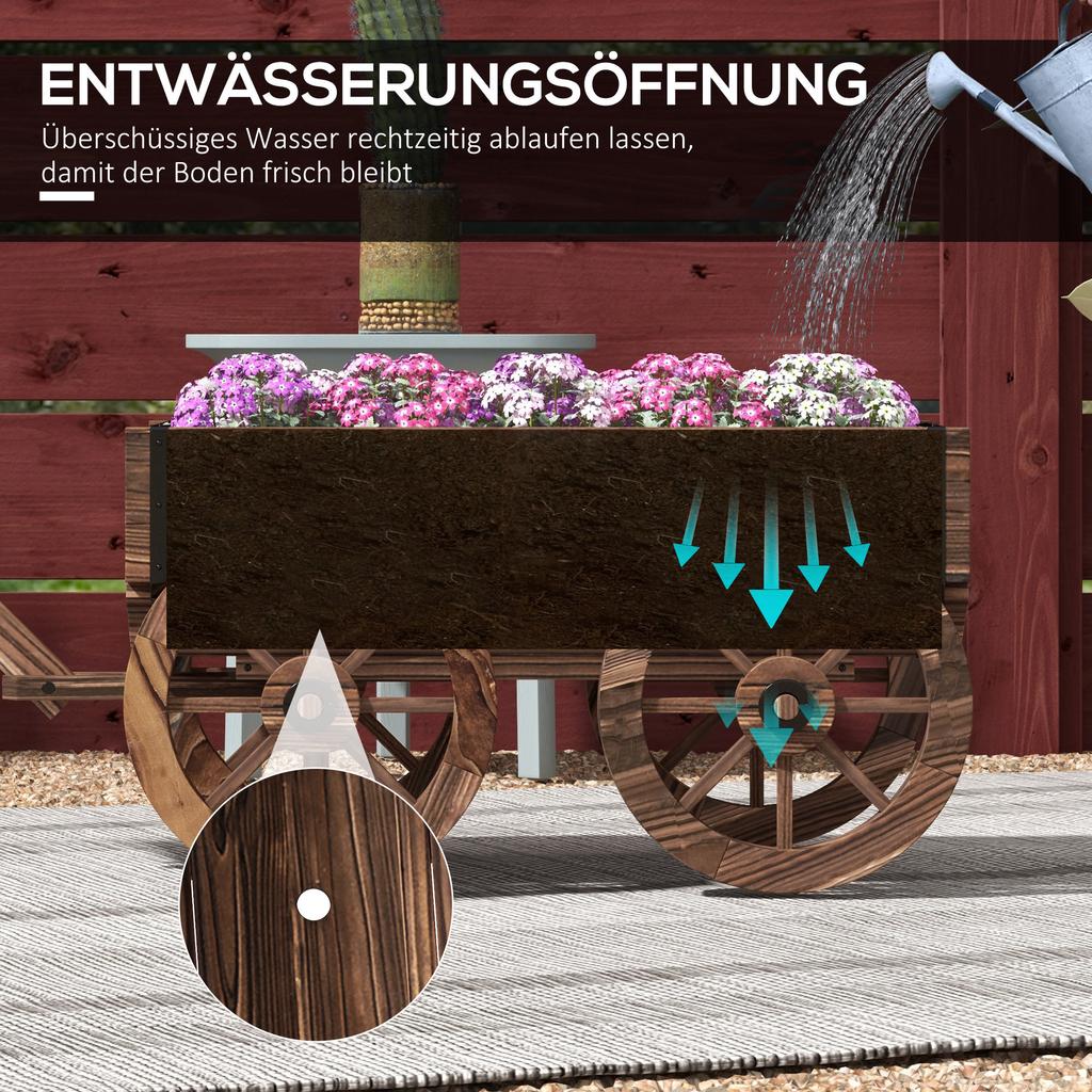 Plant wheelbarrow, Wooden raised bed, Weatherproof. 120 x 41 x 50 cm, Brown