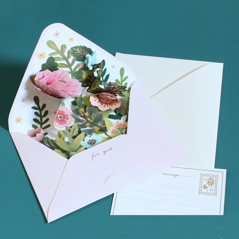 Romantic Flower Birthday Christmas Card 3D Pop-up Greeting Cards Set Postcard Party Wedding Decorations Creative Girl Gifts