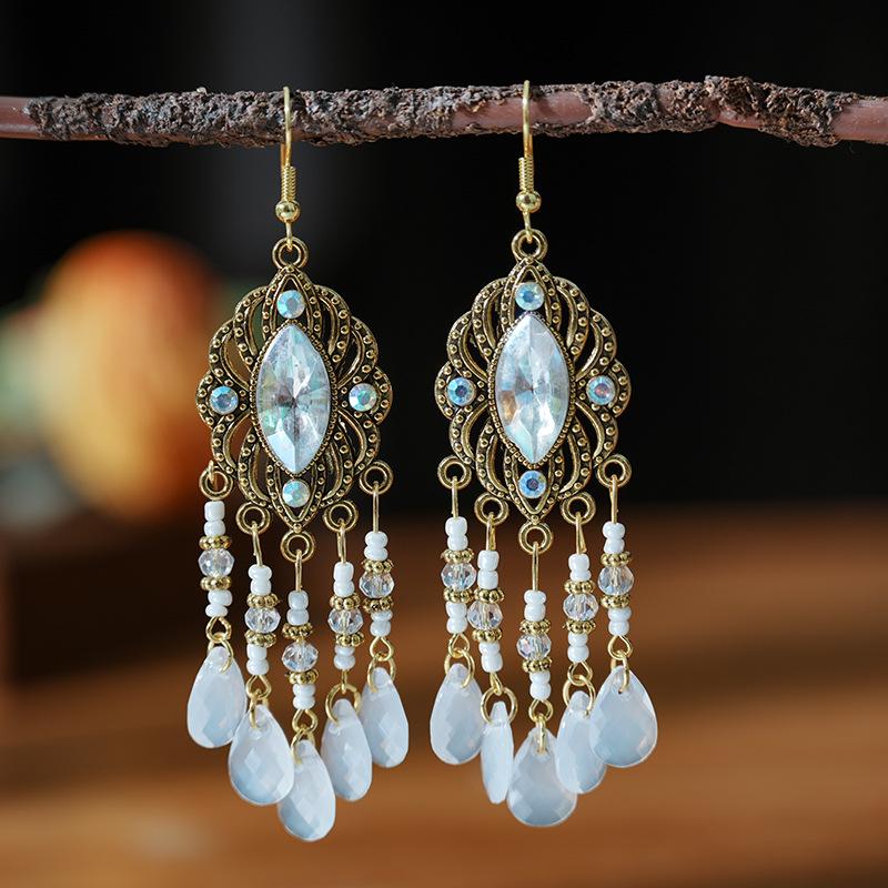 Vintage Bohemian Long Drop Dangle Earrings For Women Geometric Beads Handmade Tassel Crystal Ethnic Boho Wedding Earings Zircon