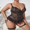 Large Size Erotic Underwear One-piece with Garters, Sexy Transparent Lace Set.