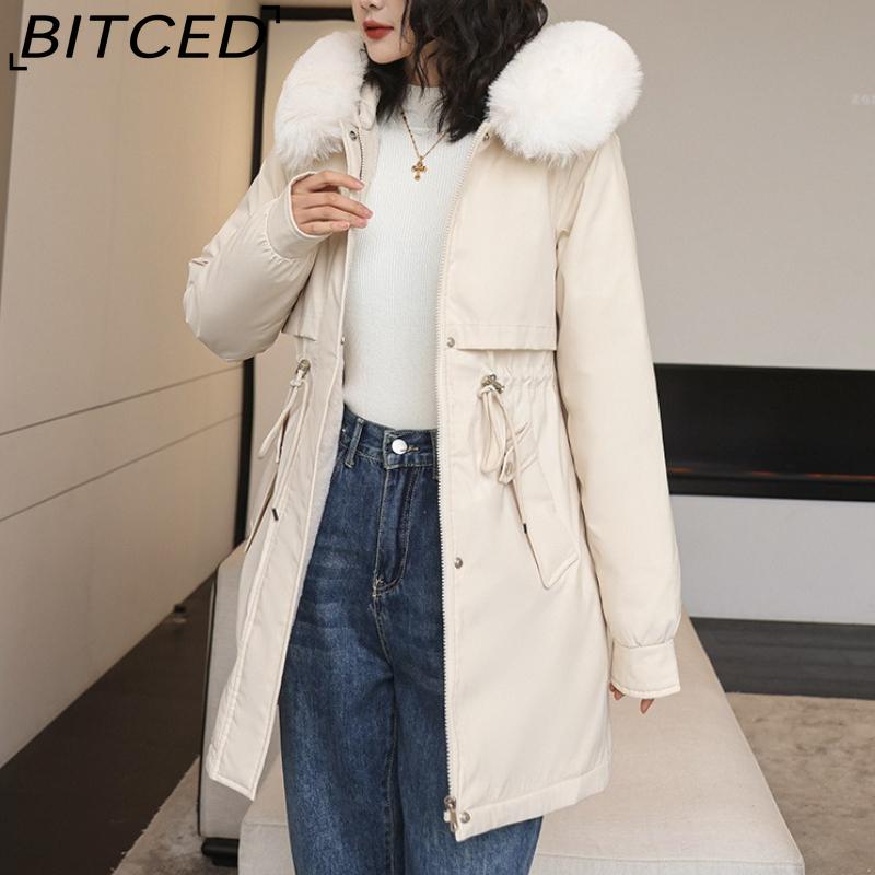 BITCED Winter Parka - Women's Relaxed-Fit Mid-Length Cotton Coat with Large Fur Collar