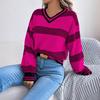 GMXIA Autumn Winter V-neck Contrasting Color Striped Lantern Long-sleeved Pullover Sweater Women's Wear