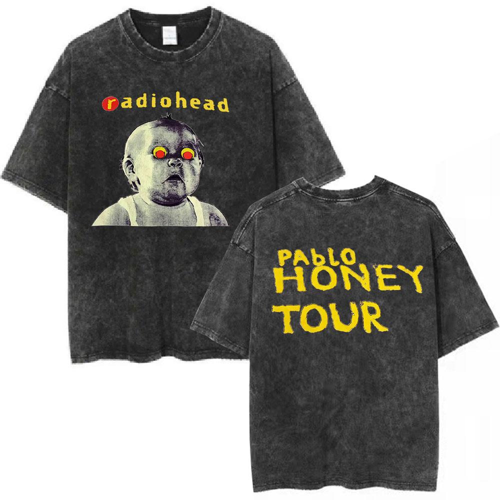 Radiohead Rock Band Washed Cotton T Shirt Men Women Hip Hop Music Tee Fashion Short Sleeve Tshirt Summer Oversized T-shirts Tops