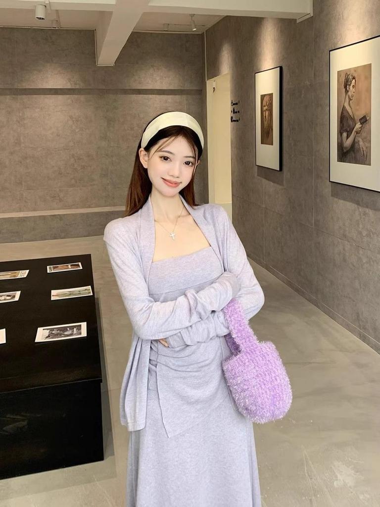 Autumn 2025 Women's Trendy Cardigan Set: Strapless Pleated Vest, Long-Sleeved Jacket, High-Waisted Skirt