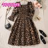 Одежда для девочек 2025 Осень Новая коллекция Средне-большие дети Леопардовый принт Элегантное платье с длинным рукавом Детская одежда