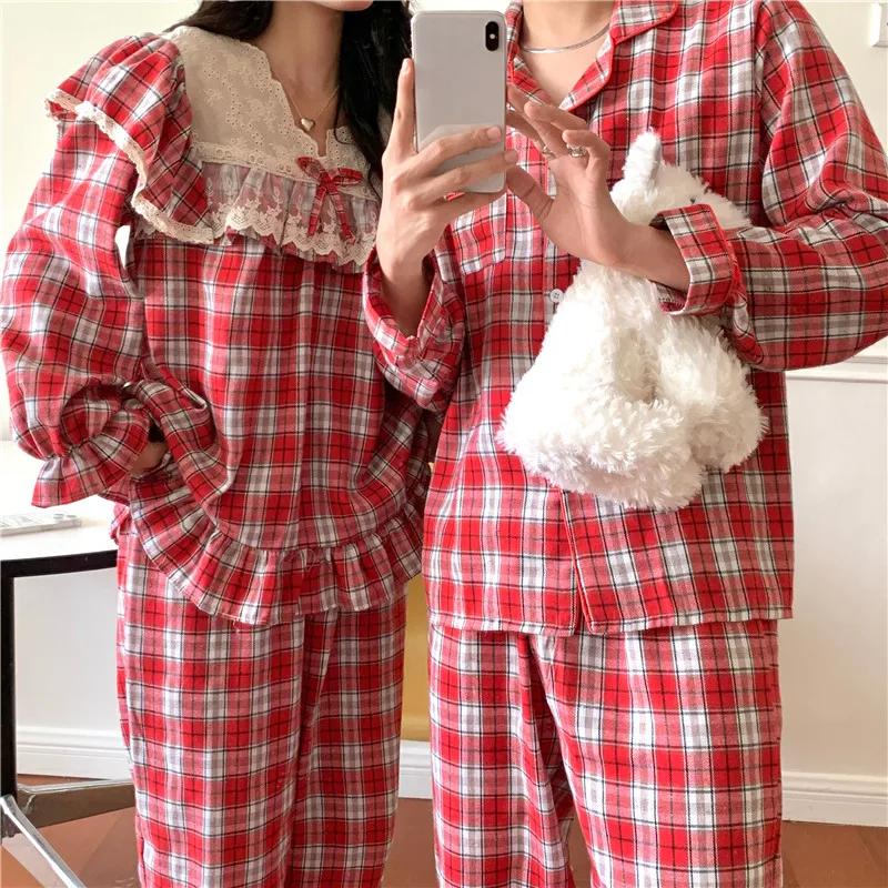 Свободная повседневная пижама для пары, милая кружевная винтажная красная клетчатая плотная ночная рубашка, осенне-зимняя домашняя одежда в стиле принцессы на Рождество