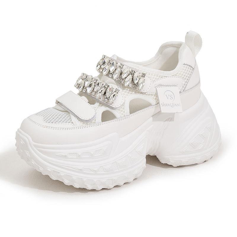 Fashion 8CM Air Mesh Synthetic Genuine Leather Chunky Sneakers Summer Women Vulcanize Platform Wedge Mixed Color Comfy Shoes