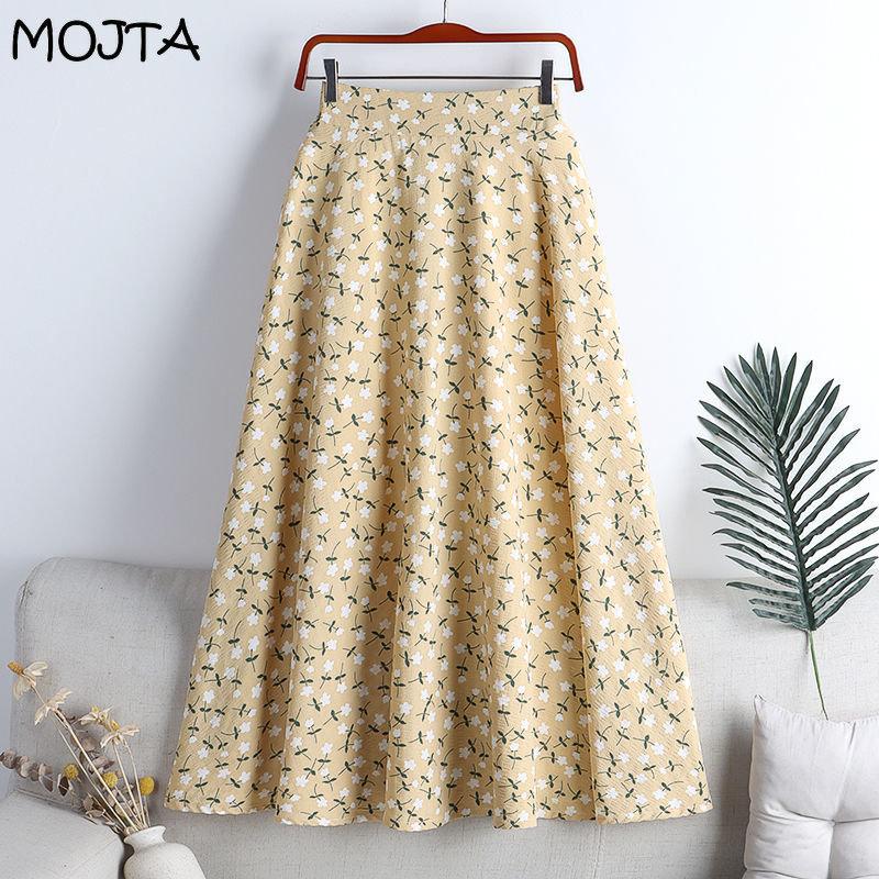 MOJTA Women's Mid-length Skirt Spring Summer Printing Elastic Printing High Waist Skirt A-line Long Skirt