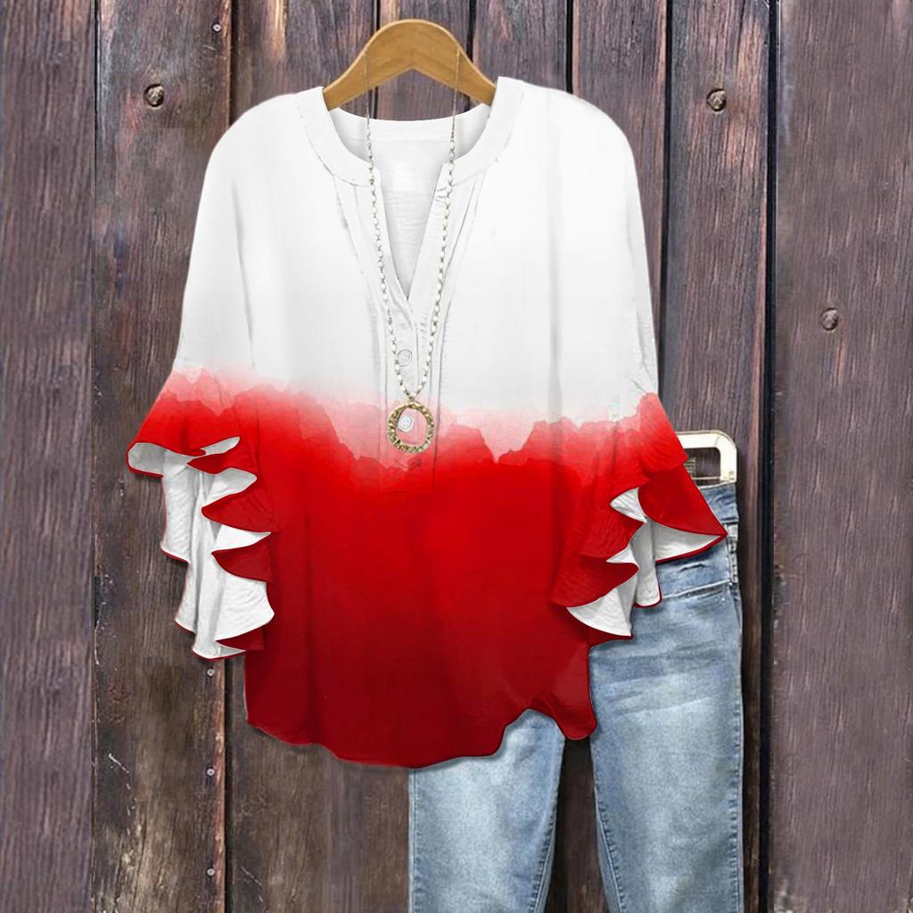 Летние топы для женщин Милые блузки с V-образным вырезом и рукавом 3/4 Принтованный топ Повседневные рубашки