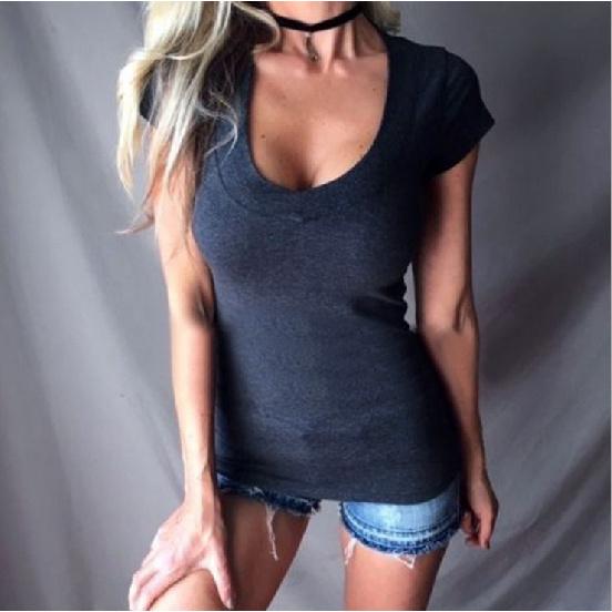 Spring Summer Autumn Solid Color Short Sleeved V-Neck Simple T-Shirt Slim Fit Sexy Temperament Fashionable Top Women'S Clothing
