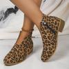 Autumn and Winter Leopard Print Square Root Short Boots Side Zipper Round Head V Mouth Suede Bare Boots Women