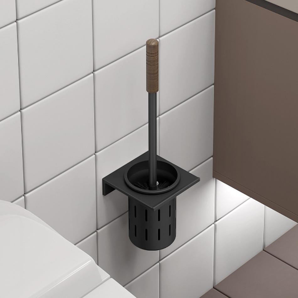 Walnut Toilet Brush Holder Set Wood Handle Wall Mounted Grey Gold Black White Aluminum Cup WC Brush Rack Kit with Storage Shelf