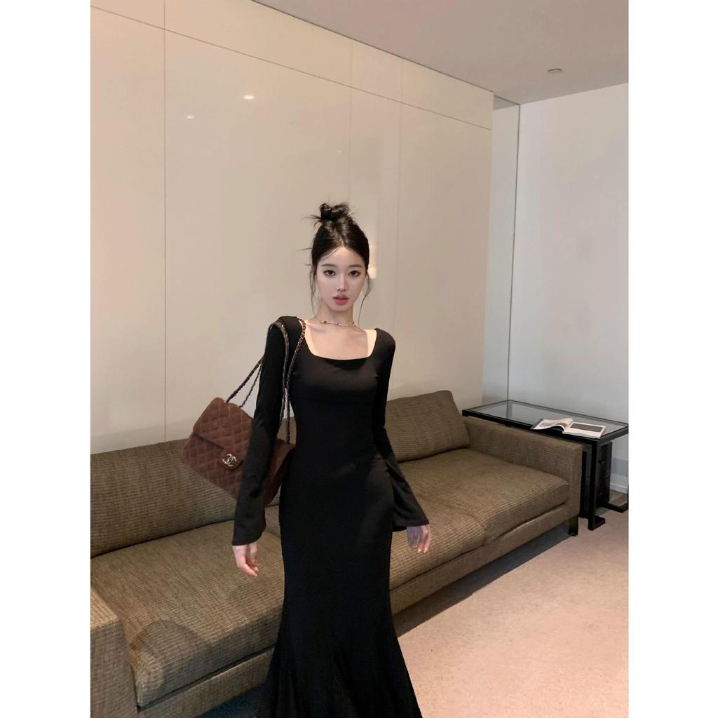 Черное платье-рыбий хвост в стиле Хепберн: Женское длинное платье с запахом на бедрах 'Лотус' для ранней осени