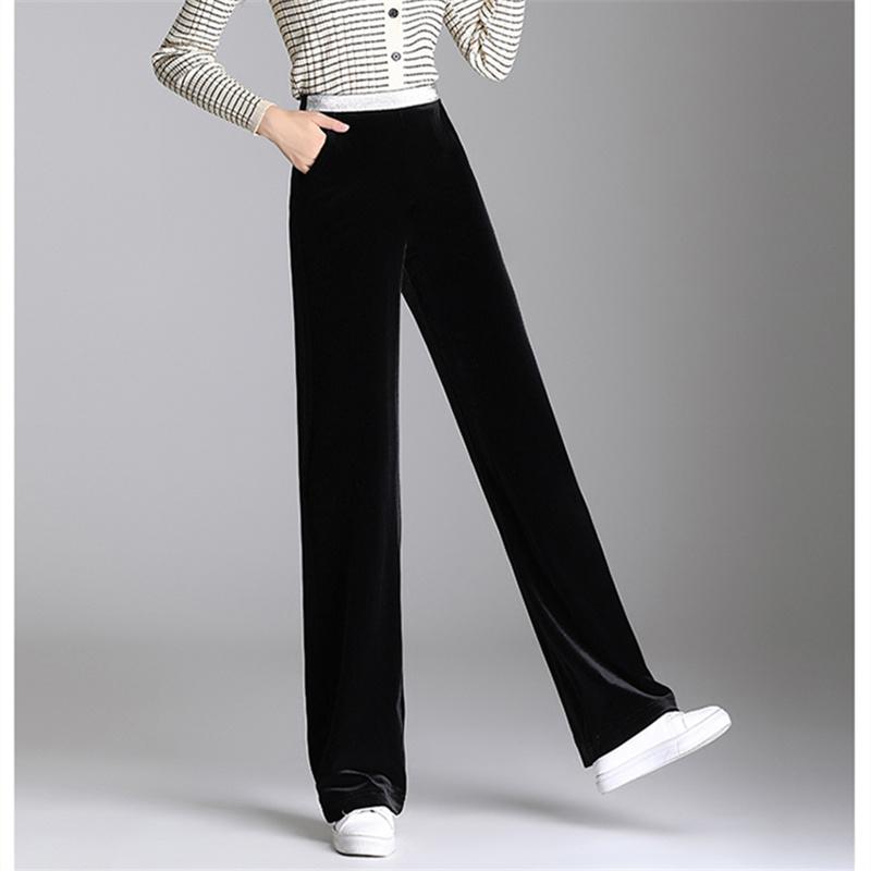 2022 Winter Female Elastic Fashion Harajuku High-waist Straight Bottoms Pantalones Women Solid Velvet Long Pant Wide Leg Trouser