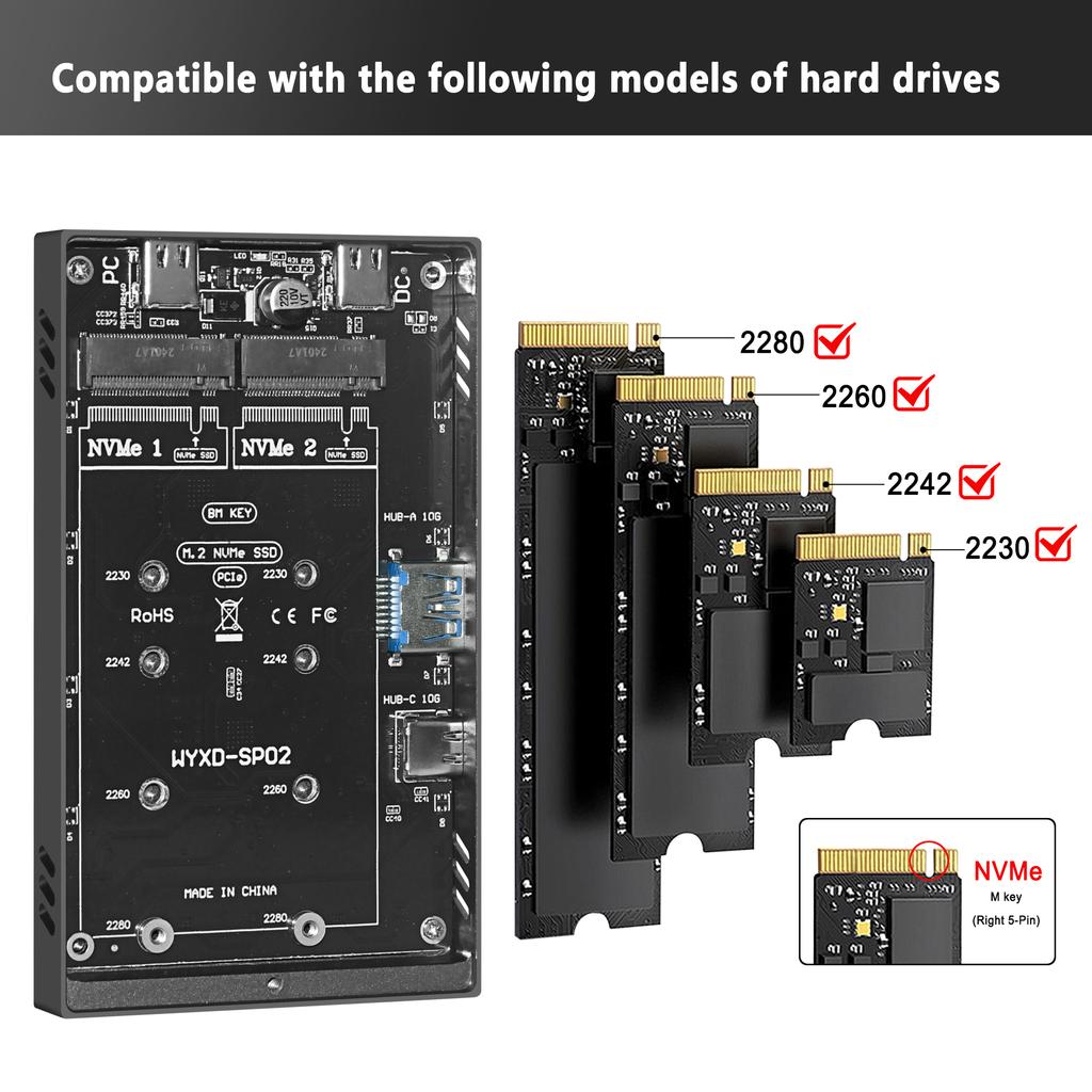 Док-станция для M.2 SSD USB3.2 Gen2 10 Гбит/с Корпус из алюминиевого сплава Двойной NVMe Plug and Play для PCIe M Key 2230 2242 2260 2280