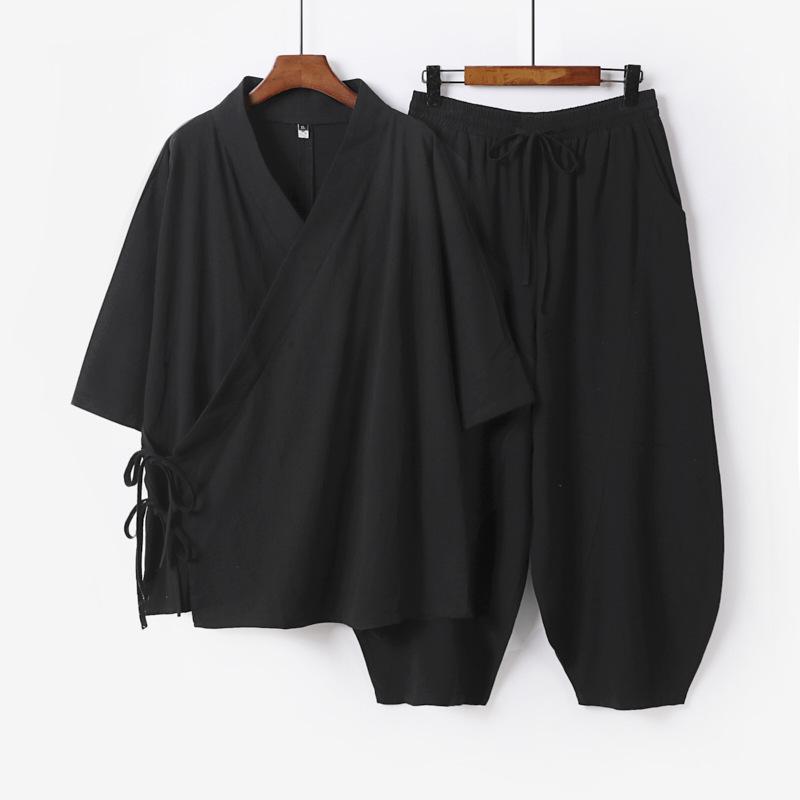 Большие размеры S-9XL Мужской японский кардиган-кимоно Комплект брюк Хлопок Лен Костюм самурая Харадзюку Свободная куртка Костюм