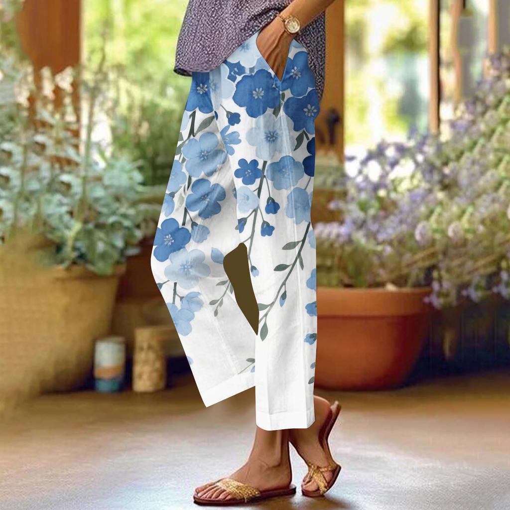 Женские повседневные модные брюки прямого кроя с цветочным принтом и карманами