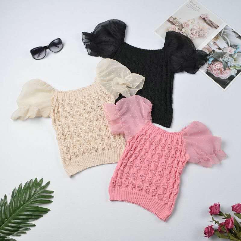 2025 Summer Women's French Square Neck Hollow-Out Puff Sleeve Knit Top