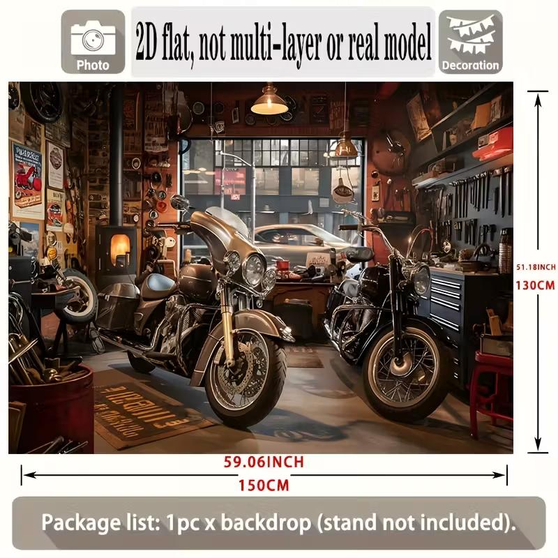 2D Vintage Motorcycle Garage Backdrop Banner - Biker Party Photo Background