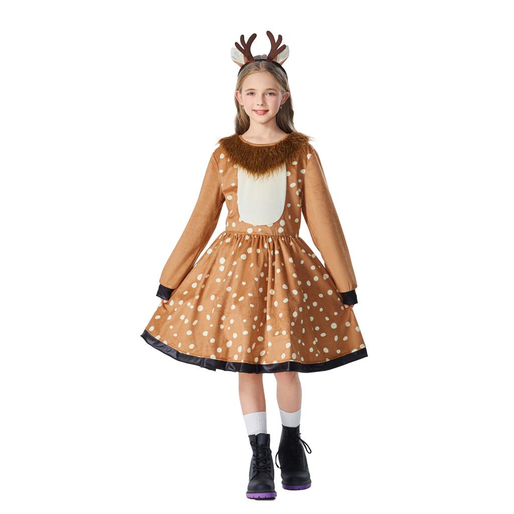 Kids Girls Animals Sika Deer Elk Christmas Reindeer Dress Halloween Role Play Dress Up Cosplay Costume