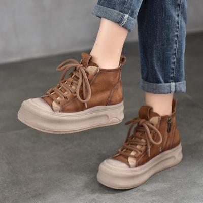 Повседневные женские туфли из натуральной кожи на шнуровке с толстой подошвой, короткие ботинки из коровьей кожи с боковой молнией