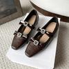 Fashion Flat Shoes Spring New Square Head Shallow Mouth Crystal Buckle Butterfly Knot Set Foot Soft Sole Non-slip Single Shoes