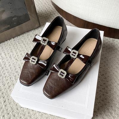 Модная плоская обувь Весна Новая квадратный носок мелкий вырез хрустальная пряжка узел-бабочка набор для ног мягкая подошва нескользящая одинарная обувь