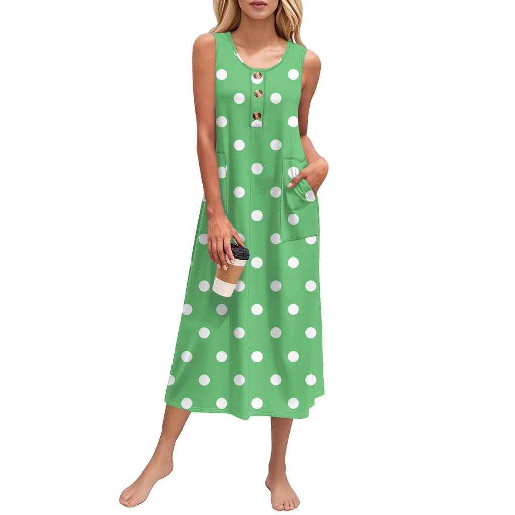 Women's Summer Polka Dot Print Dress Sleeveless Button Down Casual Loose Long Beach Sundress