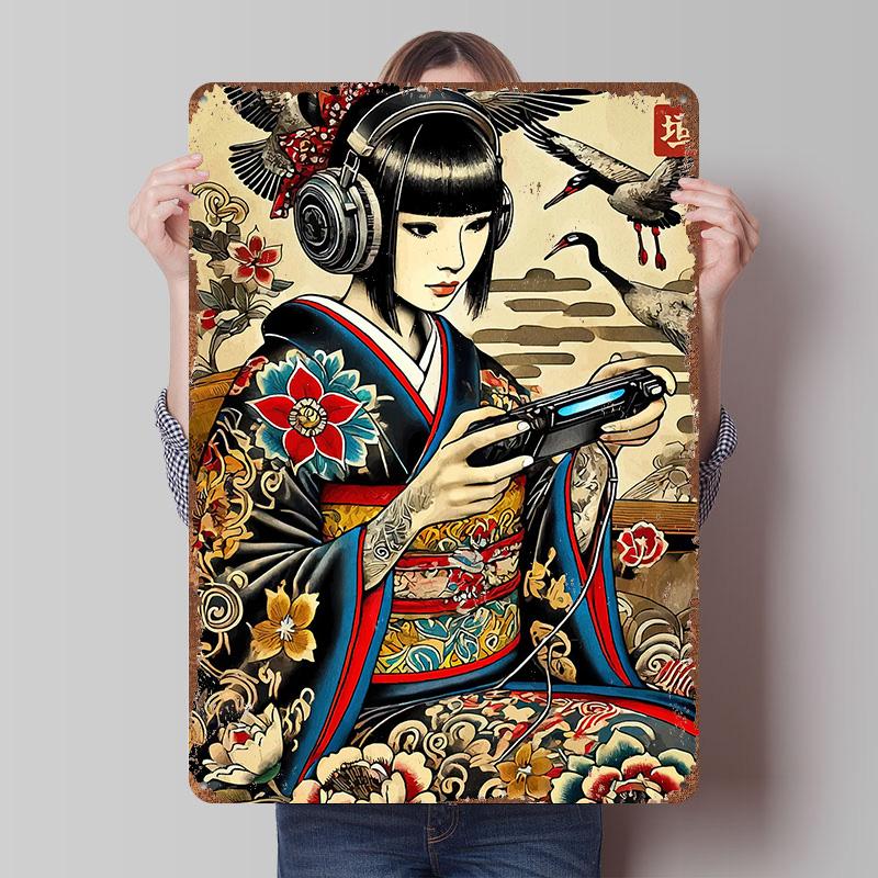 Gamer Girl in Kimono Poster Customized Wall Art Vintage Metal Signs Retro Tin Plaque for Man Cave Luxury Home Decor Items Room