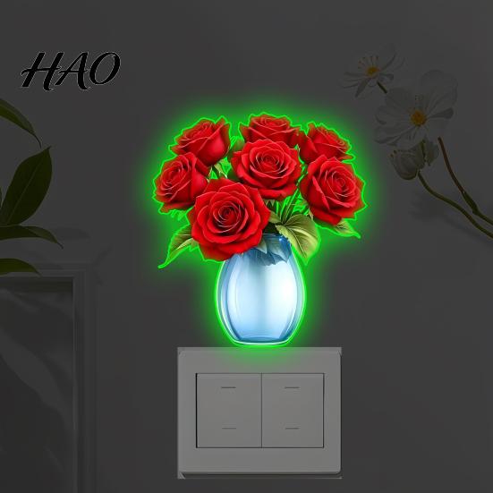 Self Adhesive Rose Decals Red Vase Switch Wall Sticker, Glow in The Dark Socket Decal, Decorative for Bedroom Self?Adhesive Waterproof Art