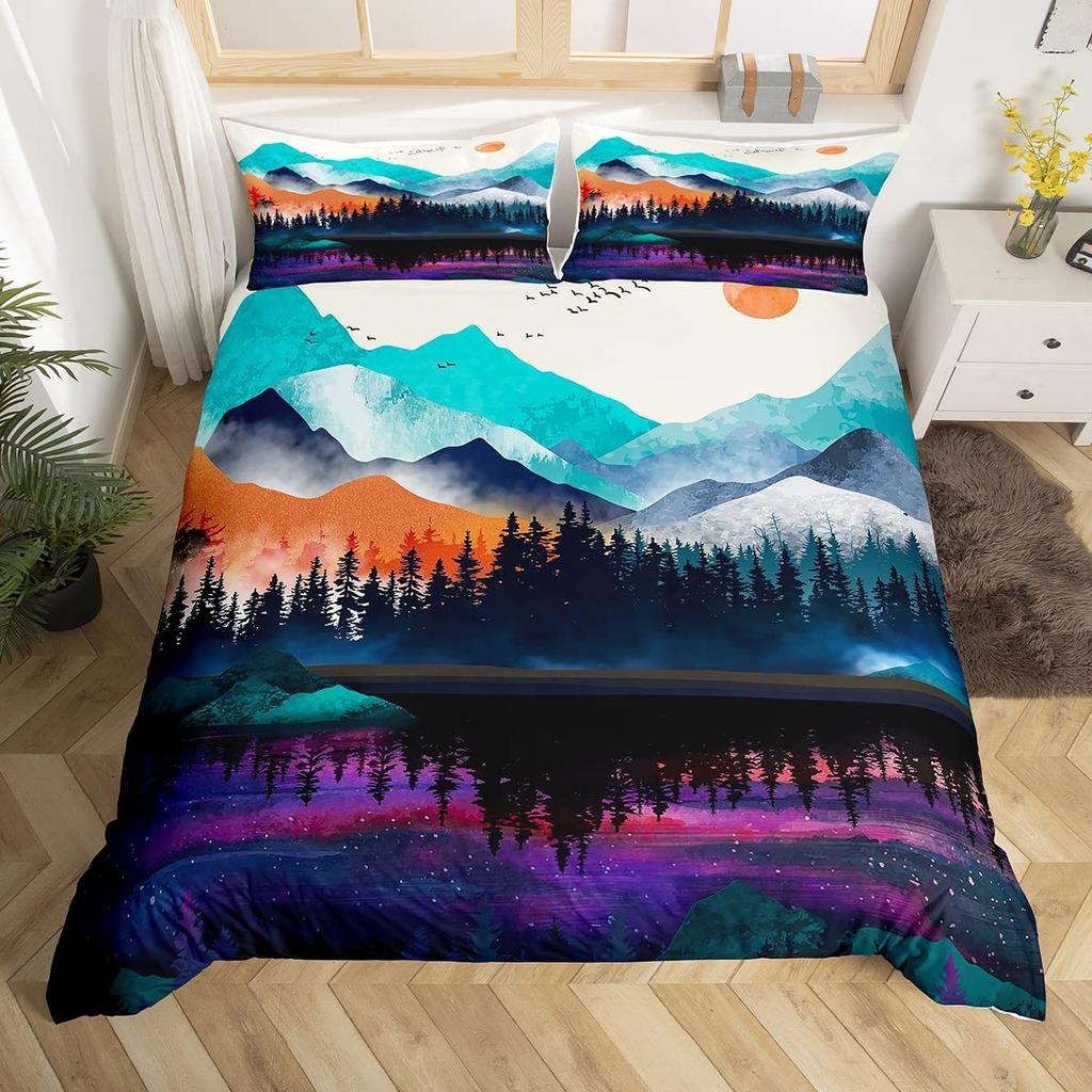 Smoky Mountain King Queen Duvet Cover Grey Fog Pine Trees Bedding Set Retro Natural Scenery Art 2/3pcs Polyester Quilt Cover