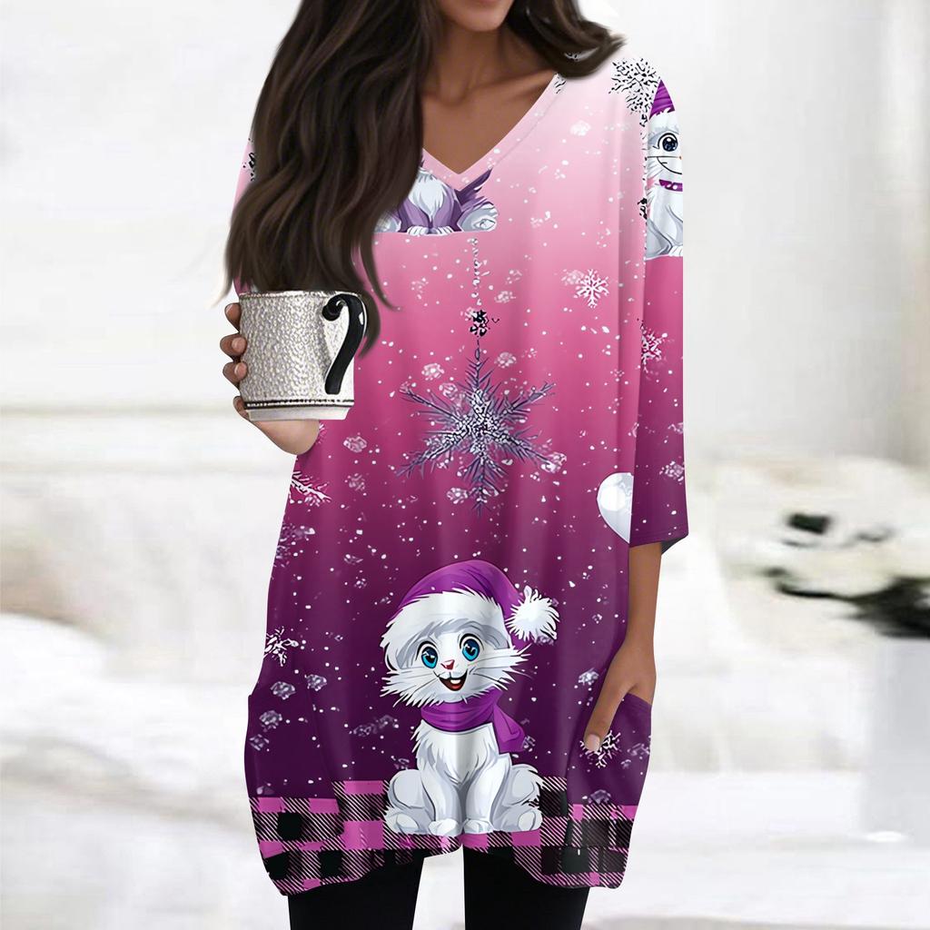 Женские топы с V-образным вырезом и рукавом 3/4, повседневные блузки средней длины, модные туники с рождественским принтом и карманами