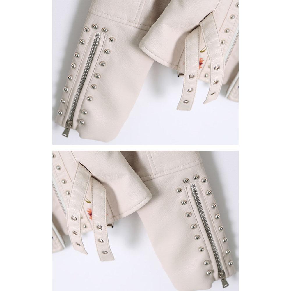 Women's Spring and Autumn Temperament Embroidered Rivets Women's Slim PU Heavy Metal Leather Short Jacket for Women