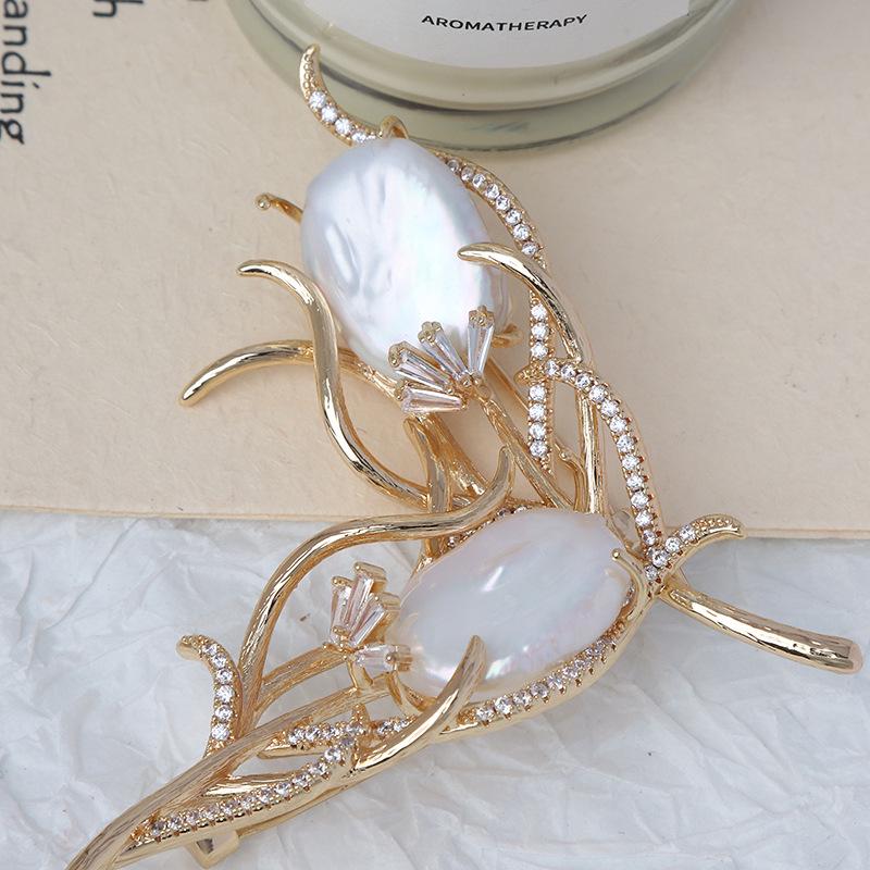 Vintage Floral Baroque Freshwater Pearl Brooch with Gold-Plated Copper and Zircon Accents