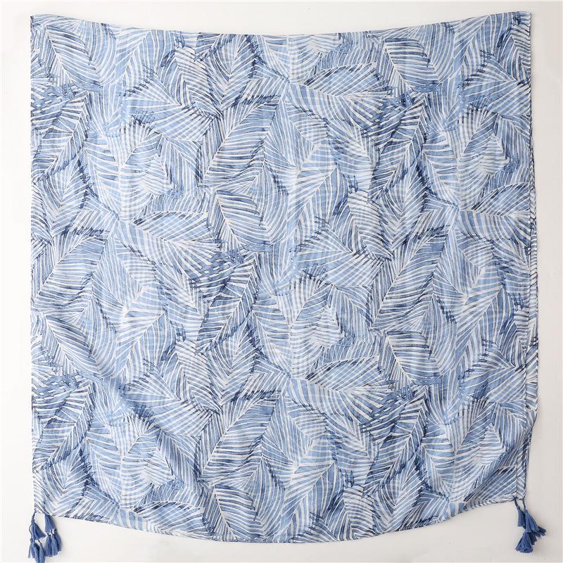 Синий шелковый шарф в стиле бохо с банановыми листьями - солнцезащитная шаль с кисточками