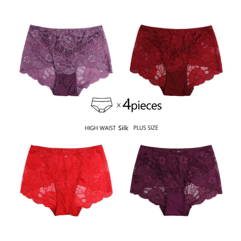 4pcs Plus Size M-XXL Panties Lace Floral Mid Rise Women Underwear Briefs High Quality Panty