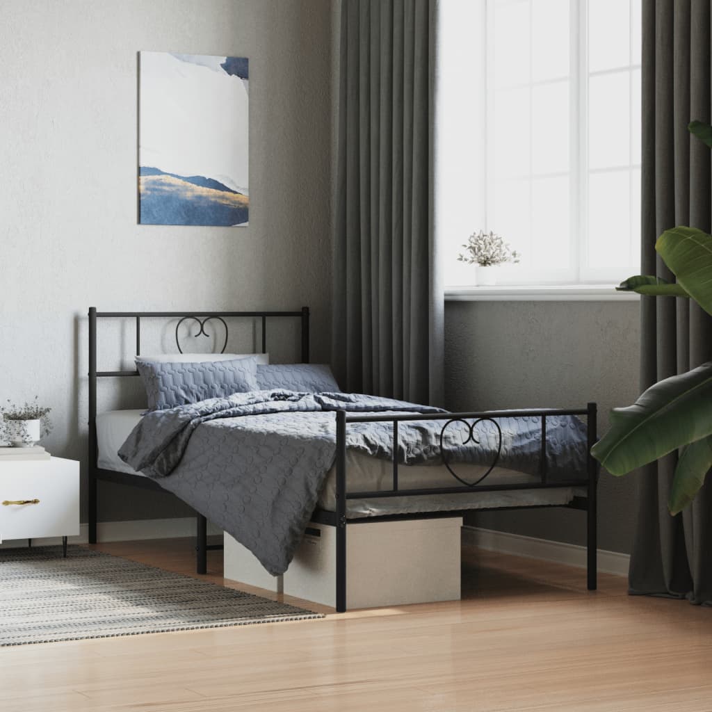 Metal Bed Frame with Headboard and Footboard Black 90 x 190 cm