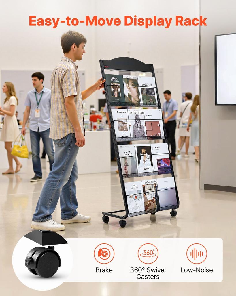 Brochure Display Rack, 4-Tier Magazine Literature Display Stand with Wheels, Movable Floor Standing Magazine Rack, Heavy Duty Newspaper Catalog
