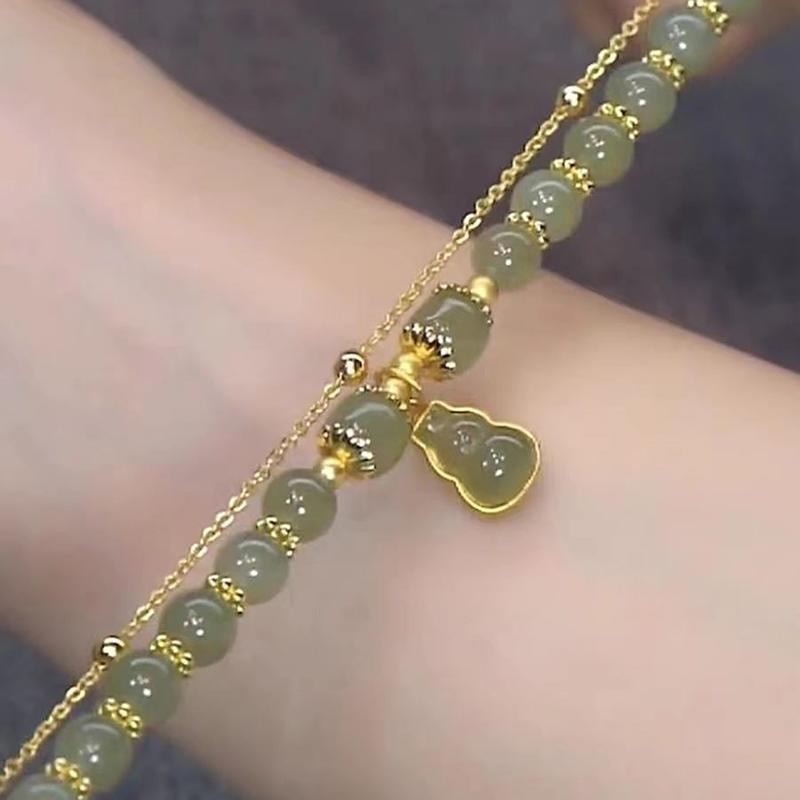 Chinese Style Imitation Jade Gourd Pendant Bracelet For Women Girls Double Layer Chain Lucky Beaded Bracelet Jewelry Party Gift