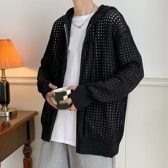 Мужской свитер с длинным рукавом, на молнии, однотонный, с ажурным дизайном, супермягкий, декоративный, полиэстер, мужской свитер-пальто с капюшоном, осень