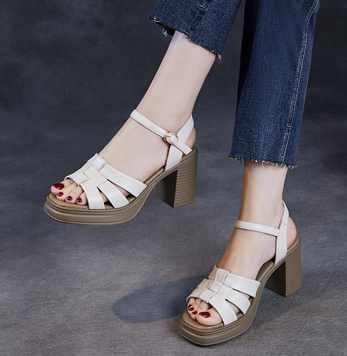Fashion Top Layer Cowhide Roman Sandals For Women, New High Heels And Height Increasing Sandals For Spring And Summer 2025