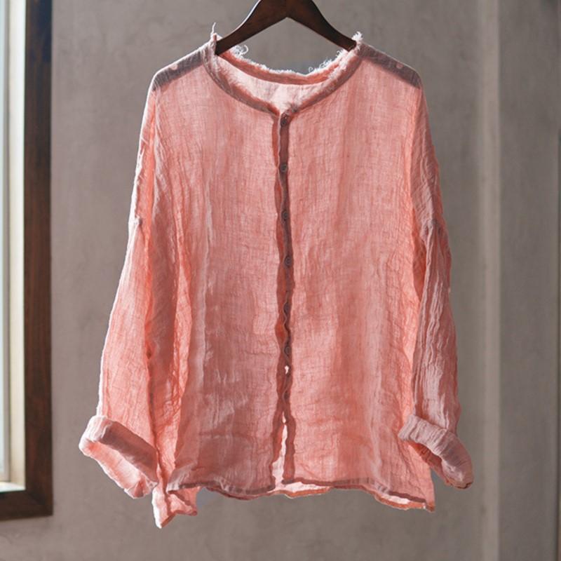 Johnature Винтажные женские рубашки с круглым вырезом и длинным рукавом на пуговицах, осенние свободные однотонные повседневные женские рубашки