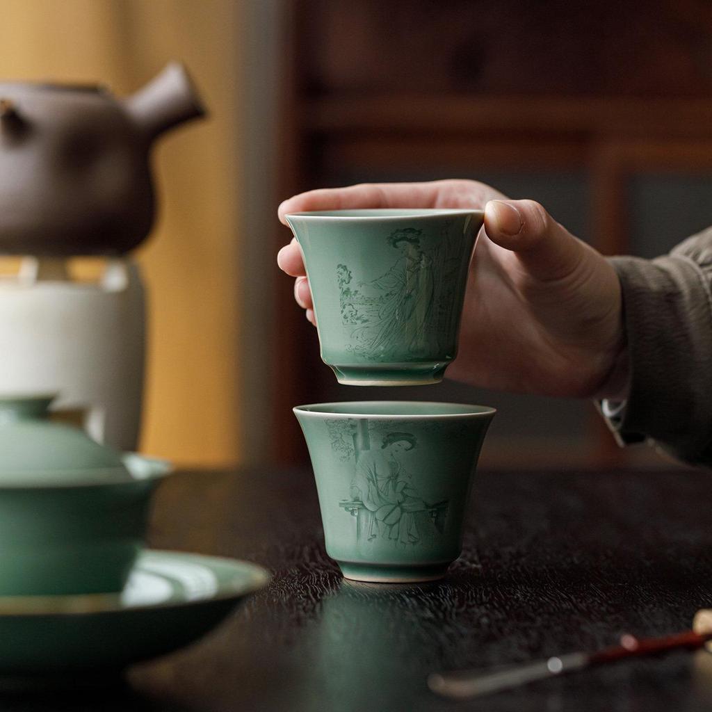 Чайная чашка Гуаньлань Юэ с изображением четырех красавиц: Керамическая чашка для индивидуальной дегустации с рельефным узором "Тень"